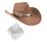 Sombrero cowboy vaquero unisex con pañuelo blanco western mujer hombre disfraces fiestas Halloween rodeo cosplay accesorio tematico (Cuerno Salvaje+Pañuelo blanco, Marrón oscuro, Adulto 57 cm)