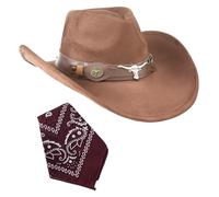 Sombrero cowboy vaquero unisex con pañuelo marrón western mujer hombre disfraces fiestas Halloween rodeo cosplay accesorio tematico (Cuerno Salvaje+Pañuelo marrón, Marrón oscuro, Adulto 57 cm)