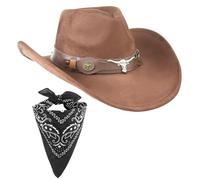 Sombrero cowboy vaquero unisex con pañuelo negro western mujer hombre disfraces fiestas Halloween rodeo cosplay accesorio tematico (Cuerno Salvaje+Pañuelo Negro, Marrón oscuro, Adulto 57 cm)
