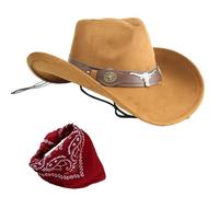 Sombrero cowboy vaquero unisex con pañuelo rojo western style mujer hombre disfraces fiestas Halloween rodeo cosplay accesorio tematico (Cuerno Salvaje+Pañuelo rojo, Marrón, Adulto 57 cm)