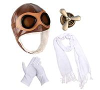 Sombrero de aviador con gafas, orejeras, accesorios de disfraz de piloto de combate, gafas, bufanda, guantes, broche para Halloween, cosplay, Marrón, 20.47 IN