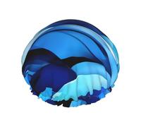 Sombrero de baño abstracto azul de doble capa para mujer para cubrir el cabello largo y grueso, gorro impermeable reutilizable