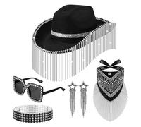 Sombrero de bling, sombrero de vaquera de diamantes de imitación, 5X Conjunto de sombreros de vaquera brillantes, gafas de sol, pulsera brillante, pendientes, conjunto de bandana, accesorios