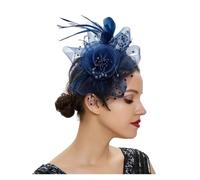 Sombrero de boda Tocado vintage con plumas y flores for mujer, accesorio for el cabello for, diadema velo de malla floral for fiesta boda, horquilla(Dark Blue)
