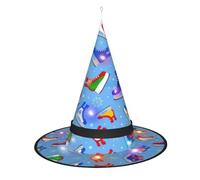 Sombrero de bruja con estampado creativo de elementos de hockey, sombreros de bruja de Halloween con luz LED, decoración de fiesta de cosplay
