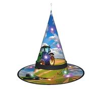 Sombrero de bruja con estampado de tractor bajo cielo azul y nubes blancas, sombreros de bruja de Halloween con luz LED, decoración de fiesta de cosplay