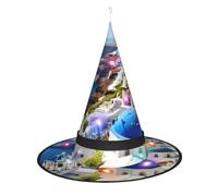 Sombrero de bruja con estampado de vista al mar de la isla griega, sombreros de bruja de Halloween con luz LED, decoración de fiesta de cosplay