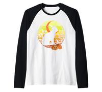Sombrero de Bruja de Gato Aterrador de Calabazas de Halloween Vintage y Puesta de Sol de Luna Camiseta Manga Raglan