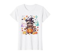 Sombrero de Bruja de Mapache Kawaii Calabaza Caramelo Halloween Camiseta gráfica económica, Mujer, Blanco, L