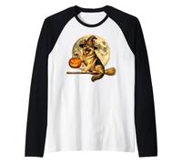 Sombrero de Bruja de Pastor alemán Jack O Lantern Moon Broomstick Camiseta Manga Raglan