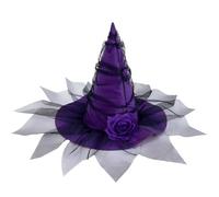 Sombrero de bruja gótico de 68 x 34 cm con gasa y flor artificial para mujer, ideal para Halloween, cosplay y fiestas. Sombreros morados para mujer mago.
