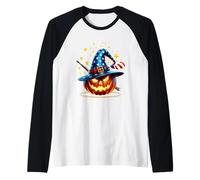 Sombrero de Bruja patriótico Jack O Lantern con Estrellas y Rayas Camiseta Manga Raglan