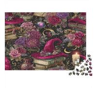 Sombrero de Bruja, Rosa, Libro de hechizos Rompecabezas Vela y Luna Creciente Rompecabezas Juego De Habilidad para Toda La Familia 1000pcs (75x50cm)