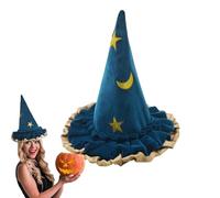 Sombrero de bruja, sombrero de bruja azul - Disfraz de mago adulto para mujeres y hombres, sombrero de fiesta Cosplay,Sombrero de mago de ala ancha para mujer, patrón de estrella y luna, sombrero po