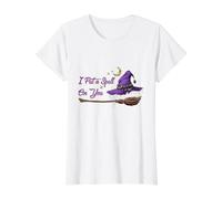 Sombrero de Bruja y Escoba con Texto en inglés I Put A Spell On You, Divertido Halloween Camiseta gráfica económica, Mujer, Blanco, XS
