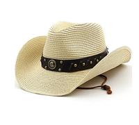 Sombrero de Cowboy Western Cowgirl Panamá Paja Vaquero con Banda Occidental de Playa Visera de Verano para Hombre Mujer (Beige)