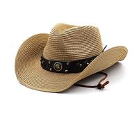 Sombrero de Cowboy Western Panamá de Paja Con Banda - Vaquero Occidental de Playa Con Visera Para Verano - Para Hombre y Mujer (Caqui)