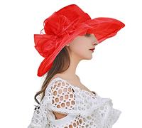 Sombrero de invitada de boda para mujer con encaje y lazo - Elegante tocado de organza con protección solar de ala ancha para iglesia, carreras y fiestas de verano en el jardín, rosso, Talla única