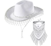 Sombrero de mujer elegante colgante de vaquero sombrero borla bufanda citas decoración de dos piezas conjunto camisa vaquero amarillo, Blanco, Talla única