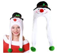 sombrero de muñeco de nieve blanco de felpa con un sombrero negro, solapas largas sobre la oreja y bolitas verdes, divertido accesorio de sombrero de Navidad para hombre y mujer