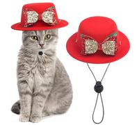 Sombrero de Navidad rojo de Navidad para mascotas, sombrero redondo con lazo y polvo dorado, bonita decoración de Navidad para gatos y perros pequeños, ropa de vacaciones para cosplay, cumpleaños, Año