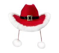 Sombrero de navideño: sombrero occidental estilo Papá Noel rojo con ribete de piel sintética blanca, material de felpa suave y pompones esponjosos | Sombreros únicos para fiestas navideñas par