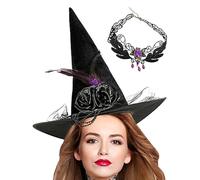 Sombrero de Negro - 16.93x16.93 Pulgadas Sombrero de Halloween Somrero de Brujas Cosplay | de encaje Sombero de mago rosa de plumas, sombrers de fiesta con collar de piedras preciosas para ca