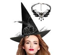 Sombrero de Negro - 16.93x16.93 Pulgadas Sombrero de Halloween Somrero de Brujas Cosplay | de encaje Sombero de mago rosa de plumas, sombrers de fiesta con collar de piedras preciosas para ca