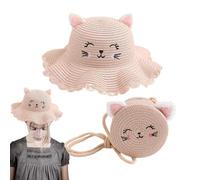 Sombrero de Paja con - Summer Caps Sunshade con de Paja a Juego y protección Completa,Cute Cartoon Cat Sunhat Accesorios de Verano