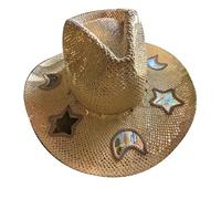 Sombrero de paja de vaquera, elegante sombrero de playa de ala ancha occidental con luna arcoíris y estrellas
