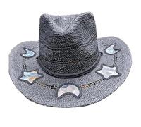 Sombrero de paja de vaquera, elegante sombrero de playa de ala ancha occidental con luna arcoíris y estrellas
