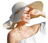 Sombrero de paja grande para mujer, con diseño de lazo grande, plegable, para playa, sombrero de sol, sombrero de paja de ala ancha, sombrero de ala grande, sombrero de verano (beige)