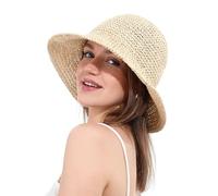 Sombrero de Paja para Mujer con ala Ancha Plegable para Viajes y Playa, Protección UPF50+ Sombrero de CuboTejido a Mano(Beige)