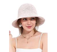 Sombrero de Paja para Mujer con ala Ancha Plegable para Viajes y Playa, Protección UPF50+ Sombrero de CuboTejido a Mano(Beige y Rosa)