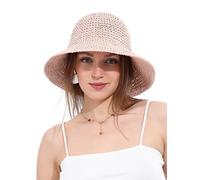 Sombrero de Paja para Mujer con ala Ancha Plegable para Viajes y Playa, Protección UPF50+ Sombrero de CuboTejido a Mano(Rosa)