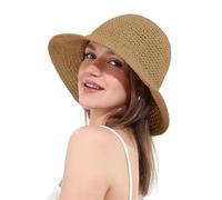 Sombrero de Paja para Mujer con ala Ancha Plegable para Viajes y Playa, Protección UPF50+ Sombrero de CuboTejido a Mano(Caqui)