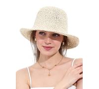 Sombrero de Paja para Mujer con ala Ancha Plegable para Viajes y Playa, Protección UPF50+ Sombrero de CuboTejido a Mano(Beige y Caqui)