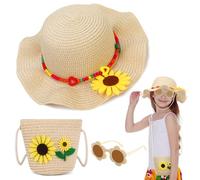 Sombrero de Paja para Niña y Bolso de Verano Set, con Gafas de Sol Niña de Flores, Sombreros Playa de Verano con Decoracion de Flores, Sombrero ala Ancha para el Sol Beige Chica Bolso Playa