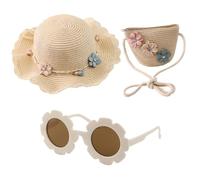Sombrero de Paja para Niños - Set de Protección Solar con Bolsa, Gafas de Sol y Decoración Floral para la Playa