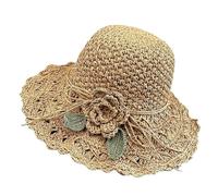 Sombrero de Paja Tejido a Mano con Detalle de Volantes para Mujer, protección Solar para Playa y Verano, ala Ancha, Estilo Crochet, Talla única (Khaki, One Size)