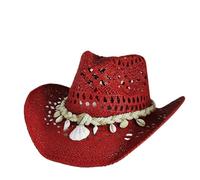 Sombrero de paja vaquero occidental for hombre y mujer, sombrero rojo ala grande for fiesta, verano, vaquera, sol, jazz Para festivales(Red)