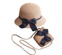 Sombrero de paja y bolsa para niñas, gorra de paja, sombrero de playa, sombrero de té, bolso para niñas pequeñas, color rosa
