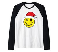 Sombrero de Papá Noel Sonrisa Cara X Ojos Cara Feliz Vacaciones Camiseta Manga Raglan