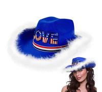 Sombrero de para hombre genérico | Blue Western Hat with Feathers and Drawstring | Embroidered Love Pattern, Costume Accessories for Masquerade, Patriotic Day, Birthday