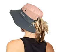 Sombrero de pesca de playa plegable con protección UV para mujer de malla de ala ancha con agujero para cola de caballo, Rosa, Talla única