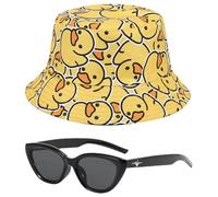 Sombrero De Pescador De Doble Cara Con Gafas De Sol - Pato Amarillo De Dibujos Animados, Borde Ancho, Plegable, Casual De Verano