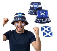 Sombrero de pescador de Escocia con 2 tatuajes faciales Saltire - Kit de fanáticos de la Copa Mundial de Escocia 2026 - Accesorios de disfraz unisex para adultos, para fútbol, rugby, seis naciones