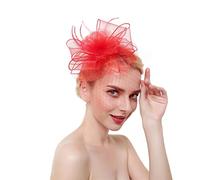 Sombrero de plumas for boda, iglesia, tocado malla for mujer, cóctel, fiesta té con flores(Red)