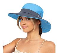 Sombrero de sol para mujer, protección UV, sombrero de playa de ala ancha, sombrero de pesca con agujero para cola de caballo, plegable, plegable, Azul, M
