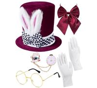 Sombrero de sombrero loco borgoña de terciopelo de felpa con orejas de conejo para mujeres y hombres, adultos, Halloween, cosplay